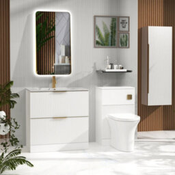 Royal Bathrooms Evora 800mm Matt White Fluted Bathroom Floor Standing Vanity Unit 2 Drawer Storage With Carrara White Basin & Brushed Brass Handle - thumbnail 3