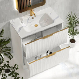 Royal Bathrooms Evora 800mm Matt White Fluted Bathroom Floor Standing Vanity Unit 2 Drawer Storage With Carrara White Basin & Brushed Brass Handle - thumbnail 4