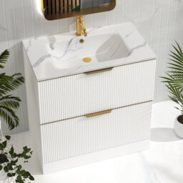 Royal Bathrooms Evora 800mm Matt White Fluted Bathroom Floor Standing Vanity Unit 2 Drawer Storage With Carrara White Basin & Brushed Brass Handle - thumbnail 7