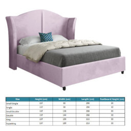 Zampa Curved Top Curved Winged Upholstered Soft Velvet Pink Bed Frame - thumbnail 4