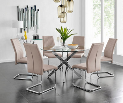 Furniturebox Uk Novara Chrome Metal And Glass Large Round Dining Table And 6 Cappuccino Beige Lorenzo Chairs Set - image 1