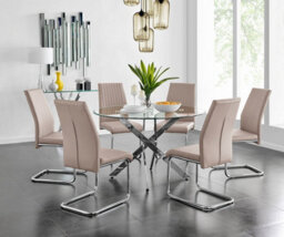 Furniturebox Uk Novara Chrome Metal And Glass Large Round Dining Table And 6 Cappuccino Beige Lorenzo Chairs Set - thumbnail 1