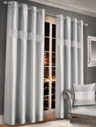Intimates Elegant Faux Silk Curtains With Diamante Panel, Ring Top Style, Machine Cold Washable, Chic Window Coverings - Silver