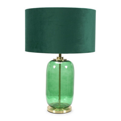 Valuelights Leigh Forest Green Glass And Gold Detail Table Lamp With Velvet Drum Shade Light - Led Bulb Included - image 1