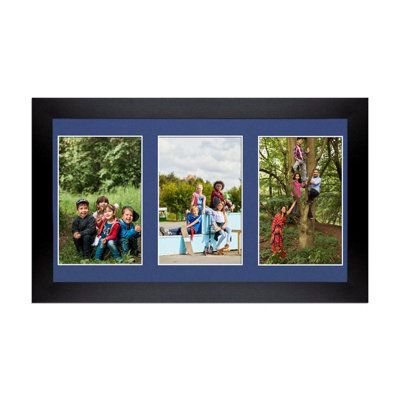 AK Frames 40X20Cm Matte Black Modern Multi Photo Frame With Blue Mount - Holds 3 Apertures (3X) 6X4 Photos - image 1