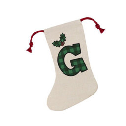 Purely Home Green Tartan Alphabet Letter G Stocking - Novelty Initial Xmas Gift Linen-Style With Red Drawstring Ties