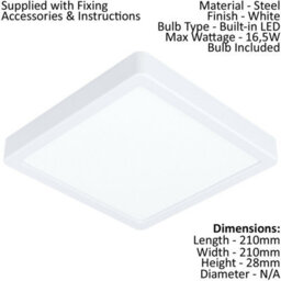 Elegant 210mm Square White Led Wall And Ceiling Light - 16.5W 3000K - thumbnail 2