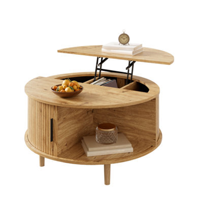 Btm Round Coffee Table With Vertical Slats, Lift-Top Storage, Sliding Door, Mdf - image 1