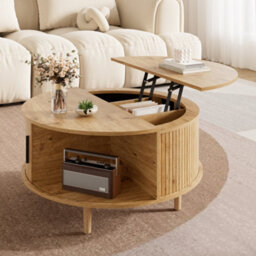 Btm Round Coffee Table With Vertical Slats, Lift-Top Storage, Sliding Door, Mdf - thumbnail 3