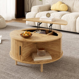 Btm Round Coffee Table With Vertical Slats, Lift-Top Storage, Sliding Door, Mdf - thumbnail 2