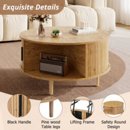 Btm Round Coffee Table With Vertical Slats, Lift-Top Storage, Sliding Door, Mdf - thumbnail 7