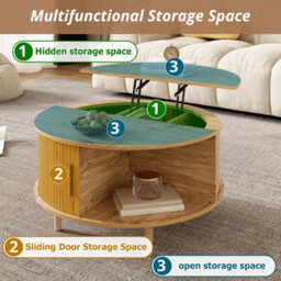 Btm Round Coffee Table With Vertical Slats, Lift-Top Storage, Sliding Door, Mdf - thumbnail 6
