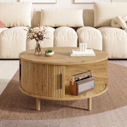 Btm Round Coffee Table With Vertical Slats, Lift-Top Storage, Sliding Door, Mdf - thumbnail 5