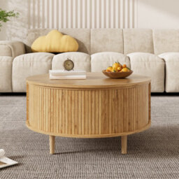 Btm Round Coffee Table With Vertical Slats, Lift-Top Storage, Sliding Door, Mdf - thumbnail 4
