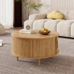 Btm Round Coffee Table With Vertical Slats, Lift-Top Storage, Sliding Door, Mdf - thumbnail 9