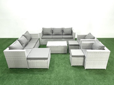 Fimous Outdoor Rattan Sofa Garden Furniture Set 2 Armchairs Oblong Coffee Table 3 Stools Light Grey - image 1