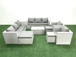 Fimous Outdoor Rattan Sofa Garden Furniture Set 2 Armchairs Oblong Coffee Table 3 Stools Light Grey - thumbnail 2