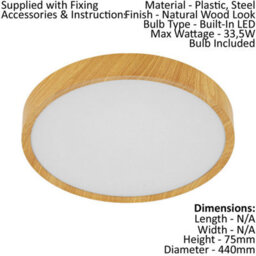 Natural Wood Look Flush Ceiling Light With Led Bulb - 33.5W Brilliant Illumination - thumbnail 2