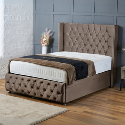 Bsspoke Divan Ottoman Bed Mink Velvet With Free Mattress & 54Inch Wingback Chesterfield Headboard End Lift Up Storage 4Ft 5Ft 6Ft - image 1