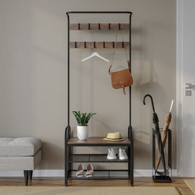 Urbn-Living Urbnliving 183Cm Height Entryway Hallway Coat Hanger Hooks Stand & Shoe Bench Storage Display Rack Unit Black & Rustic Oak - image 1