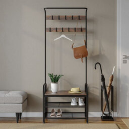 Urbn-Living Urbnliving 183Cm Height Entryway Hallway Coat Hanger Hooks Stand & Shoe Bench Storage Display Rack Unit Black & Rustic Oak - thumbnail 1