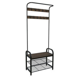 Urbn-Living Urbnliving 183Cm Height Entryway Hallway Coat Hanger Hooks Stand & Shoe Bench Storage Display Rack Unit Black & Rustic Oak - thumbnail 4