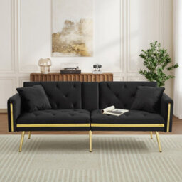 Btm Two Seater Sofa Bed  With Adjustable Backrest, Gold Accents And Built In Cup Holders, Convertible, Black For Living Room - thumbnail 9