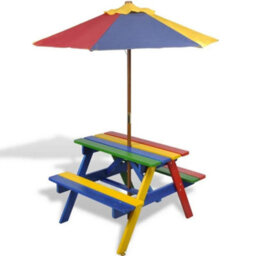 Walplus Kids' Picnic Table With Benches And Parasol Multicolour Wood - thumbnail 6