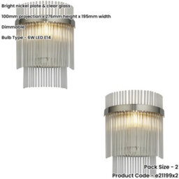 Loops 2 Pack Indoor Polsihed Nickel Plate Wall Light - Clear Glass Rod Decorative Shade - Dimmable - thumbnail 2