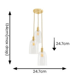 Valuelights Kira Glass Cloche Dome 3 Drop Cluster Brushed Gold Ceiling Pendant Light - thumbnail 6