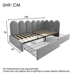 Abrihome Velvet Kids' Daybed With Storage Drawer, 3Ft Single Sofa Bed For Children & Adults (90X190Cm), Wood Slat Support, Grey - thumbnail 5