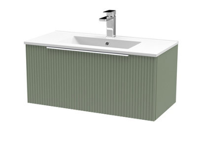 Hudson Reed Fluted Wall Hung 1-Drawer Vanity And Minimalist Basin, Contemporary Sink Vanity Unit, Satin Green, 800mm - image 1