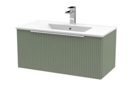 Hudson Reed Fluted Wall Hung 1-Drawer Vanity And Minimalist Basin, Contemporary Sink Vanity Unit, Satin Green, 800mm - thumbnail 1