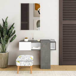 Decortie Modern Efes Dressing Table Retro Grey White W/rectangular Mirror Vanity Table Set Shelves Drawer Storage 100(W)Cm Bedroom