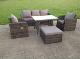 Fimous Pe Rattan Garden Furniture Set Adjustable Chair Sofa Lounge 3 Seater Sofa Oblong Rectangular Dining Table Footstool - thumbnail 1