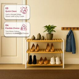 Innoteck 3 Tier Bamboo Shoe Rack White And Bamboo Holds 12 Pairs Freestanding 69.5W X 26D X 53H Cm - thumbnail 4