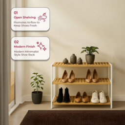 Innoteck 3 Tier Bamboo Shoe Rack White And Bamboo Holds 12 Pairs Freestanding 69.5W X 26D X 53H Cm - thumbnail 3