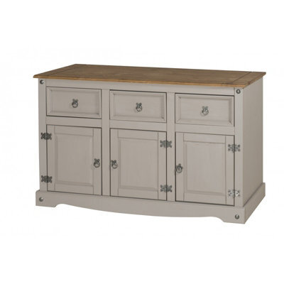 Mercers Furniture Corona Grey Painted Wax 3 Door 3 Drawer Sideboard Solid Wood Pine Mexican Wooden Dresser Display Cabinet - image 1