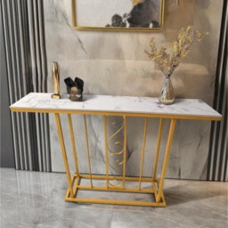 Xample Large Marble Effect Sintered Stone With Metal Frame Free Standing Console Table Hallway Entrance Furniture 120 Cm (White/gold)