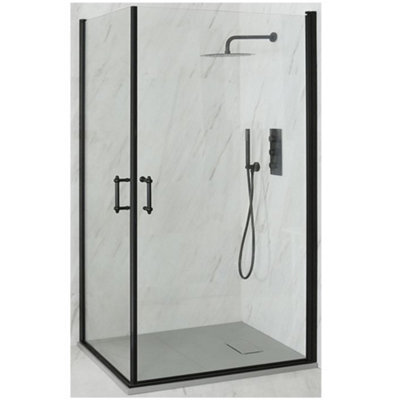 Homestylestore Black Corner Walk In Wet Room Hinged Double Door Shower Enclosure With Light Grey Slate Effect Tray 800 X 800mm - image 1