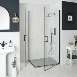 Homestylestore Black Corner Walk In Wet Room Hinged Double Door Shower Enclosure With Light Grey Slate Effect Tray 800 X 800mm - thumbnail 2