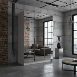 Calia Iii Sliding Wardrobe Contemporary Mirror Wood Finish Contoured Door Edge Internal Shelves Hanging Rail Cashmere Gold