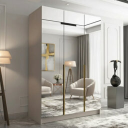 Calia Iii Sliding Wardrobe Contemporary Mirror Wood Finish Contoured Door Edge Internal Shelves Hanging Rail Cashmere Gold - thumbnail 2