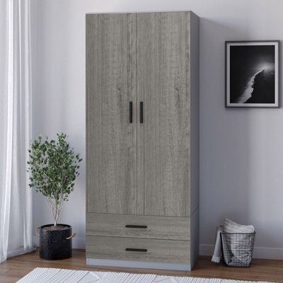 Urbn-Living Urbnliving 180Cm Tall Wooden 2 Door Wardrobe Grey Carcass And Ash Grey Drawers With 2 Drawers Bedroom Storage Hanging Bar Clothes - image 1
