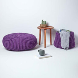 Homescapes Deep Purple Large Round Cotton Knitted Pouffe Footstool - thumbnail 6