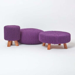 Homescapes Deep Purple Large Round Cotton Knitted Pouffe Footstool - thumbnail 5