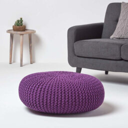 Homescapes Deep Purple Large Round Cotton Knitted Pouffe Footstool - thumbnail 2