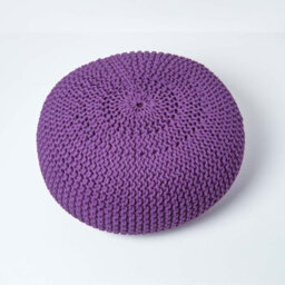 Homescapes Deep Purple Large Round Cotton Knitted Pouffe Footstool - thumbnail 3