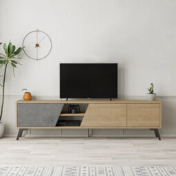 "Decortie Fiona Modern Tv Unit Multimedia Cabinet With Storage Doors 75"" Oak Retro Grey 180Cm"