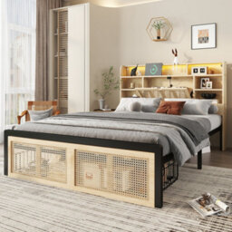 Abrihome Wooden Bed With Charging Port & Led Lights - 4Ft6 Double, 135X190Cm, Rattan-Style Wheeled Drawer, Storage Headboard, Wood Colour